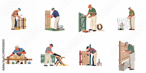 Senior man building, repairing, and painting wooden fences, a collection of flat vector illustrations depicting home improvement and outdoor DIY activities for retirees.
