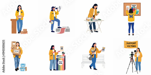 Set of flat illustrations featuring a female volunteer participating in various charity, donation, and disaster relief activities to support people in need.