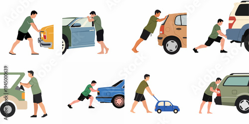 Vector illustration set featuring a man pushing various cars, depicting roadside assistance, vehicle breakdown, engine failure, and manual labor scenarios.
