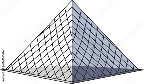 A detailed illustration of a modern glass pyramid with a grid structure, resembling contemporary architectural design.