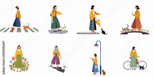 Flat vector illustration set featuring a young woman and her cat in various daily outdoor activities and scenic urban environments.