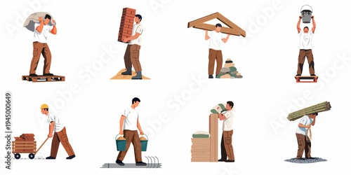 Set of construction workers performing various manual labor tasks such as carrying bricks, heavy sacks, and building materials, isolated on a white background.