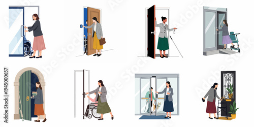 Diverse accessibility scenarios showing people with disabilities using wheelchairs, walkers, and guide dogs assisted through various doors and building entrances.