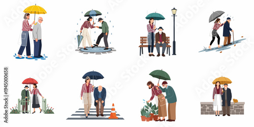Vector illustrations of a young woman helping an elderly man in various rainy scenarios, emphasizing kindness, care, and intergenerational support.