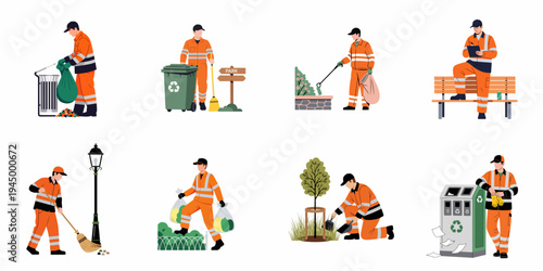 A collection of sanitation workers in orange uniforms performing various cleaning, recycling, and maintenance tasks in public urban spaces.