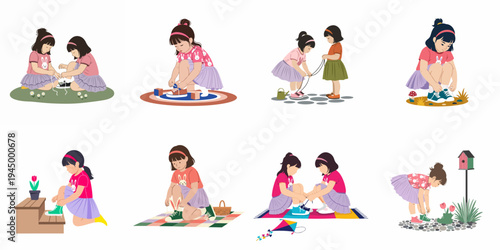 Collection of flat vector illustrations showing young girls learning to tie their shoelaces independently and with help from friends.