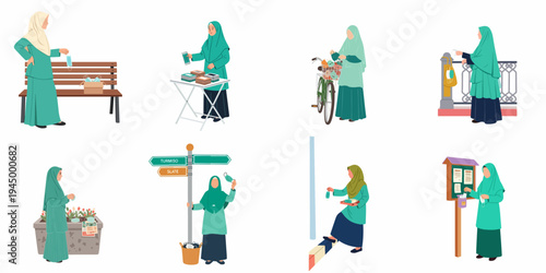 Collection of flat vector illustrations showing Muslim women in hijabs distributing or collecting face masks in various public locations for health and community safety.