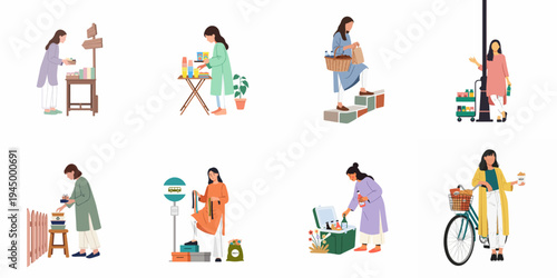 Collection of Muslim women selling and sharing takjil street food and snacks for iftar during the holy month of Ramadan.