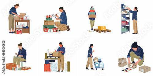 Humanitarian aid volunteer organizing, packing, and managing medical supplies, first aid kits, and emergency provisions in a warehouse setting, flat vector illustration.