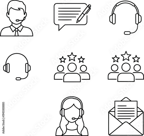 Customer Service Support Icons Set with Call Center Agent Headset Live Chat and Email Contact Symbols