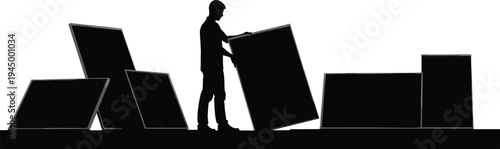 Silhouette person pushing domino effect panels, chain reaction concept, cause and effect illustration, business risk management, decision impact visualization
