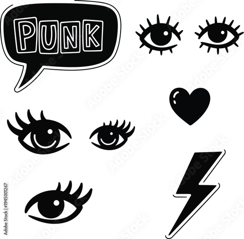 Punk Rock Style Graphic Elements with Comic Speech Bubble Cartoon Eyes Heart and Lightning Bolt Stickers