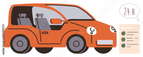 Car rental, travel planning, transportation services, vehicle hire, customer service, 24-hour availability. Orange car with checklist and 24-hour speech bubble. Travel planning and transportation
