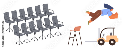 Workplace safety, risk management, injury prevention, ergonomics, logistics, warehouse operations. A row of office chairs, a worker falling a forklift and a chair. Workplace safety and risk