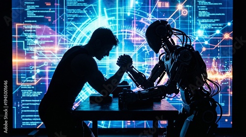 Silhouette of a man and a futuristic robot arm wrestling on a table with digital background data