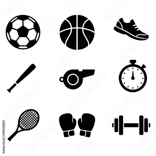 Canvas Print A comprehensive collection of black vector sport icons featuring a set of ball s
