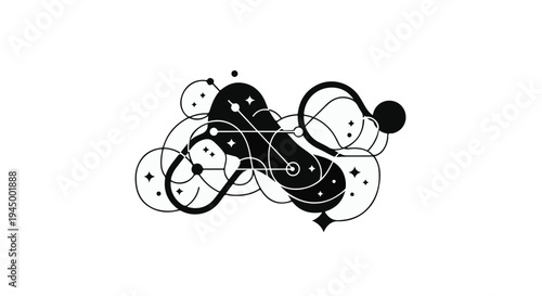 Abstract cosmic shapes and celestial elements forming a dynamic, interconnected design.