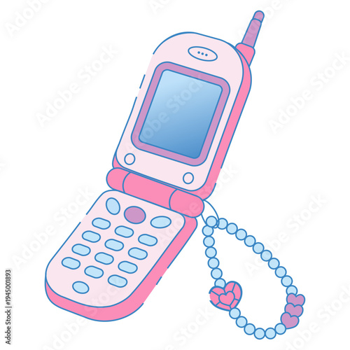 ハートストラップ付き折りたたみ携帯電話のかわいいイラスト ガラケー レトロモバイル通信 懐かしい携帯電話デザインベクターイラスト