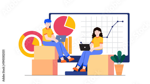 Professional team analyzing large data sets and charts on a screen