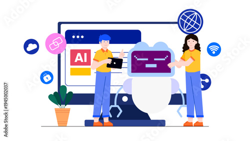 Characters interacting with a robot and artificial intelligence system