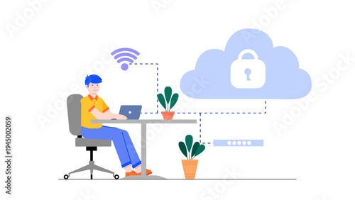 Employee working on a laptop with secured cloud storage icons
