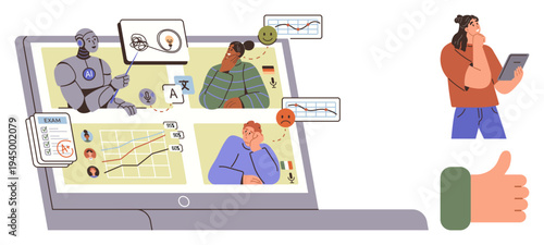 Education, AI integration, online learning, virtual classrooms, exam analysis, decision making. A laptop screen shows AI helping students with performance data. Education and AI integration concept