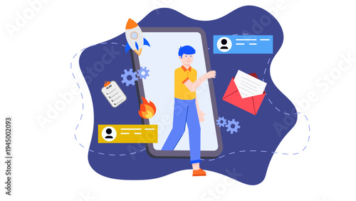 App developer character working on a mobile interface with elements
