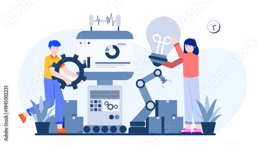 Creative workspace showing human and robotic collaboration in tech