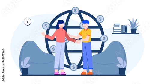 Two business people shaking hands in front of a globe with dollar icons symbolizing international trade cooperation