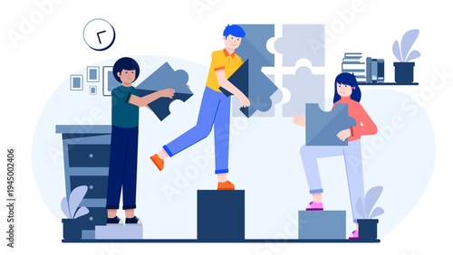 Collaborative team connecting puzzle pieces to solve business issues