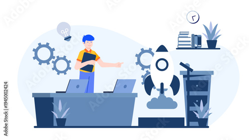 Entrepreneur working on rocket launch project in a modern office lab