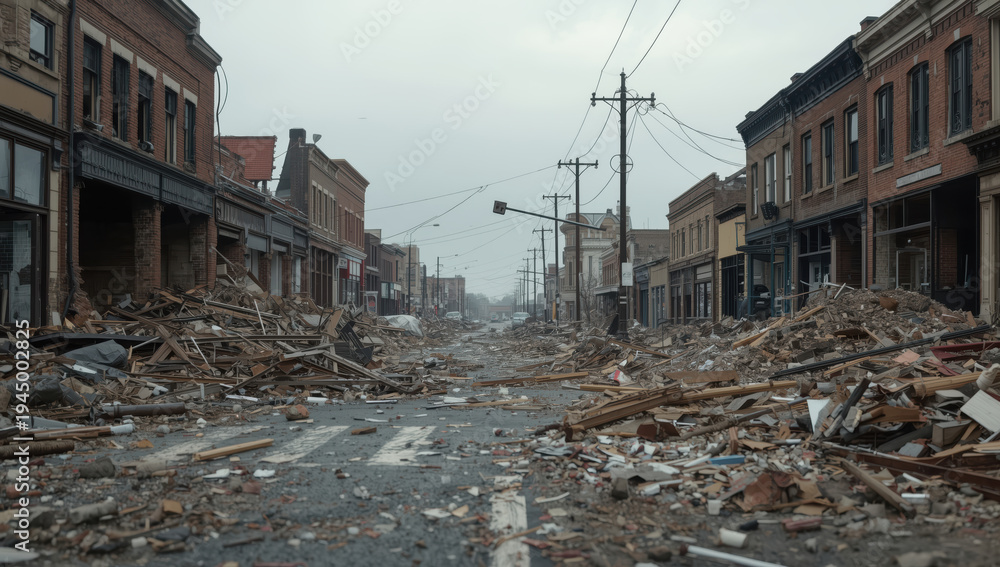 Fototapeta premium Devastated main street rubble and damaged storefronts under gray sky