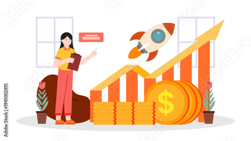 A woman analyzing a rising bar chart with a rocket ship launching to symbolize business expansion and market success