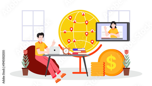 A man working on a laptop while having a video call with a colleague shown on a screen against a global map background