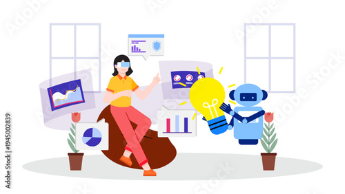 A professional using VR goggles collaborating with a robot and floating data charts to represent future smart technology