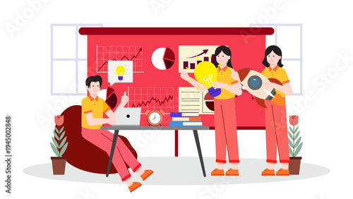 A team of entrepreneurs working together in an innovation hub with lightbulbs and rocket icons to symbolize creative ideas