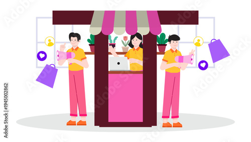 People using megaphones to promote a local flower shop business with social media notification icons floating around