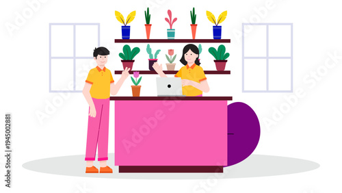 A small business owner welcoming a customer at a shop counter decorated with various potted plants
