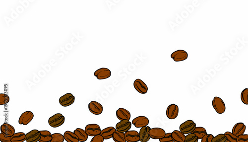Coffee beans pattern. Doodle coffe background pattern. Each  bean displays rich brown tones and detailed texture. Simple design emphasizes natural coffee bean frame