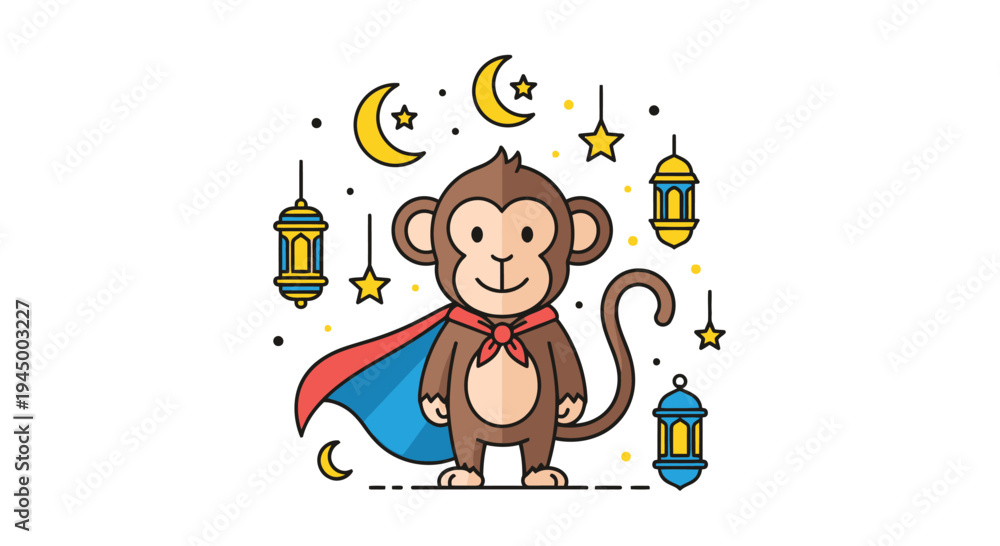 Fototapeta premium Cartoon Monkey Superhero with Cape, Lanterns, and Crescent Moons.
