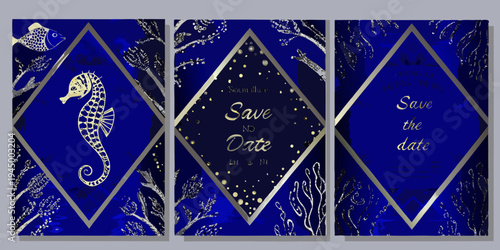 Elegant save the date cards featuring seahorses and marine life