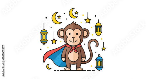 Cartoon Monkey Superhero with Cape, Lanterns, and Crescent Moons.