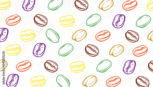Coffee beans pattern. Doodle coffe seamless pattern. Each  bean displays rich brown tones and detailed texture. Simple design emphasizes natural coffee bean shapes and shadows