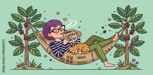 Charming illustration of a woman enjoying a serene coffee break, relaxing in a hammock with her cat, surrounded by vibrant coffee plants