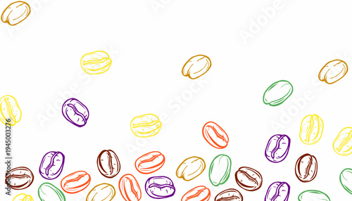 Coffee beans pattern. Doodle coffe background pattern. Each  bean displays rich brown tones and detailed texture. Simple design emphasizes natural coffee bean frame