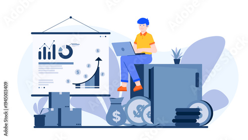 A man sitting on a large safe box managing his savings and financial growth charts on a laptop
