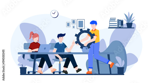 A group of professionals collaborating in a shared workspace with a large gear symbol representing teamwork