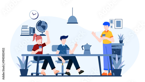 Colleagues socializing and having a coffee break together in a relaxed office environment