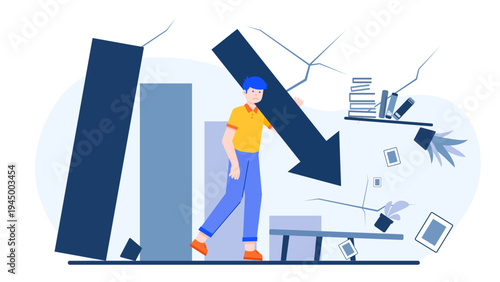 Sad businessman standing among falling charts and broken furniture