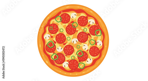 A perfectly round pepperoni pizza, generously topped with mushrooms and green bell pepper rings, is presented on a clean white background.